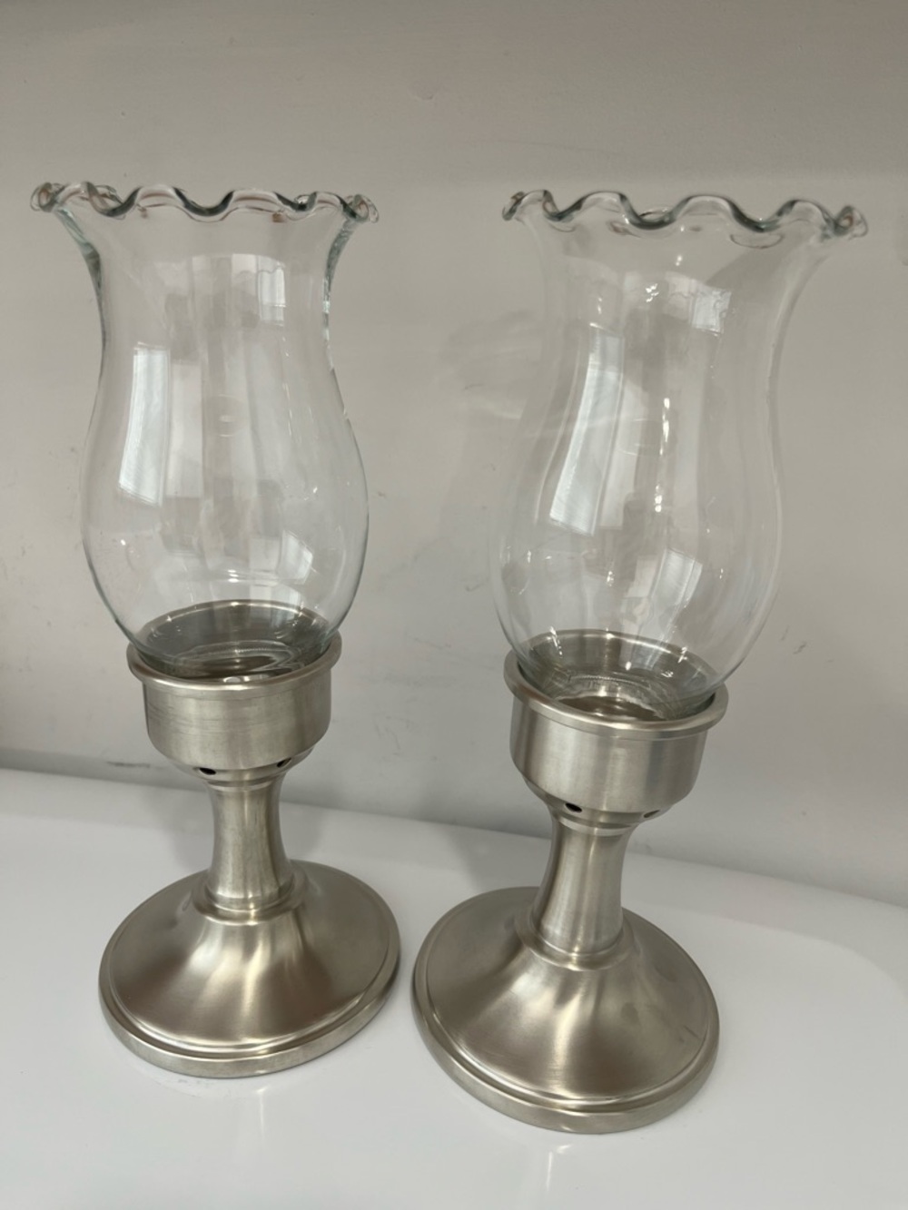 Vintage 1950s Colonial Pewter by Boardman Ruffled Glass Candle Holder- Set of 2